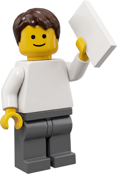 Minifigur aus dem Collector-Brick-Studio mit einem Brief in der Hand